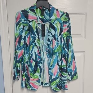 Investments 3/4 Ruched Sleeve Lightweight Open Front Blazer:Brushed Leaves: S